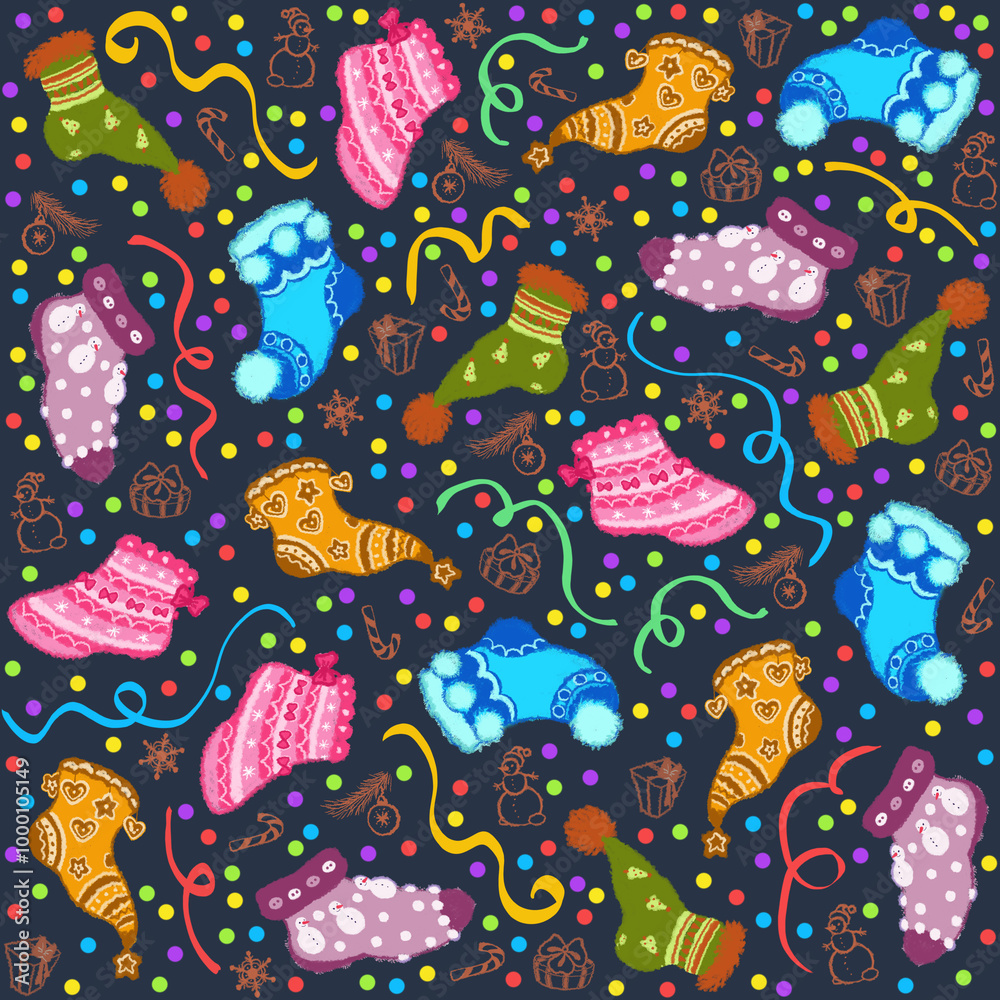 Seamless pattern with a variety of Christmas knitted socks, confetti, serpentine, contours of snowmen, snowballs, gift boxes, Christmas tree branches, Christmas decoration balls, Christmas candy. Seamless pattern with a variety of Christmas knitted socks, confetti, serpentine, contours of snowmen, snowballs, gift boxes, Christmas tree branches, Christmas decoration balls, Christmas candy.