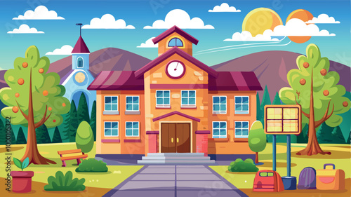 A cartoon vector of back to school illustration of an old European house on a hill, featuring classic architecture and a residential street view