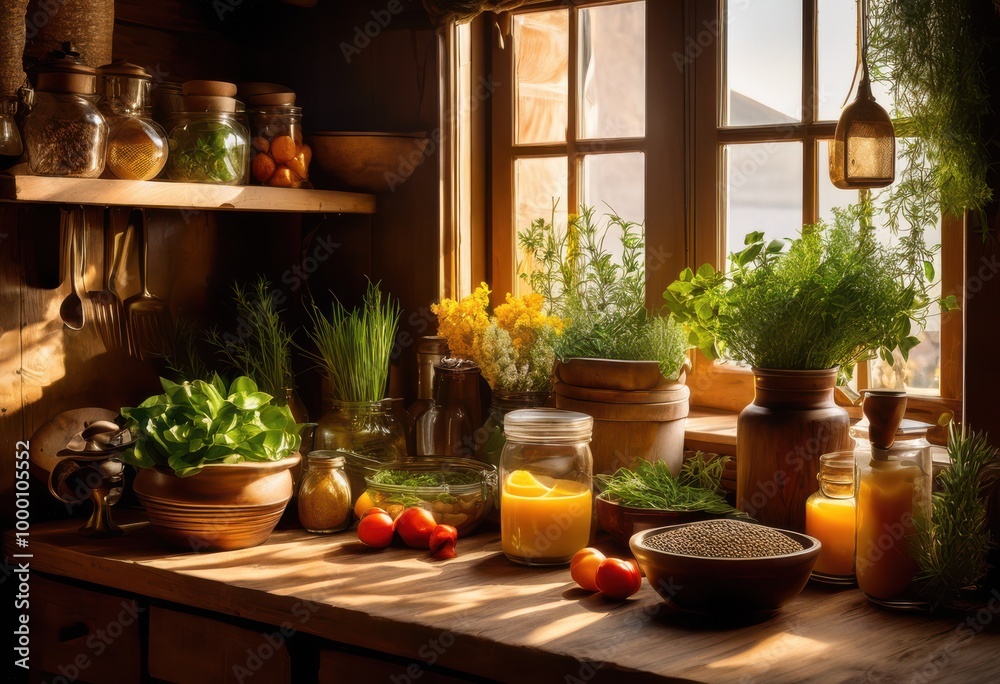 vibrant display colorful ingredients rustic wooden countertop inviting kitchen setting, appliances, cooking, colors, decor, arrangement, dining, freshness vibrant display colorful ingredients rustic wooden countertop inviting kitchen setting, appliances, cooking, colors, decor, arrangement, dining, freshness