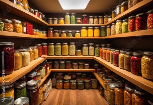 vibrant organized collection food donations displayed neatly arranged pantry space filled variety color  assortment  arrangement  boxes  canned  charity  colorful