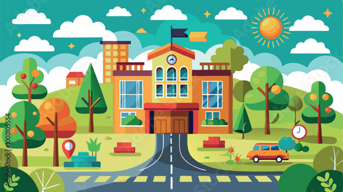 A cartoon vector of back to school illustration of an old European house on a hill, featuring classic architecture and a residential street view