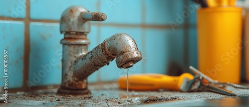 Old, rusty kitchen faucet with water dripping, dirty environment. photo