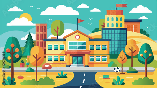 A cartoon vector of back to school illustration of an old European house on a hill, featuring classic architecture and a residential street view