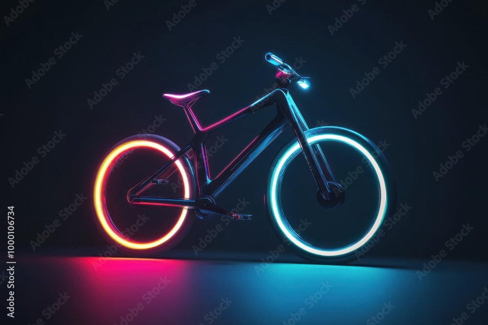 Fototapeta premium Futuristic Black Bicycle with Neon Lights on Wheels
