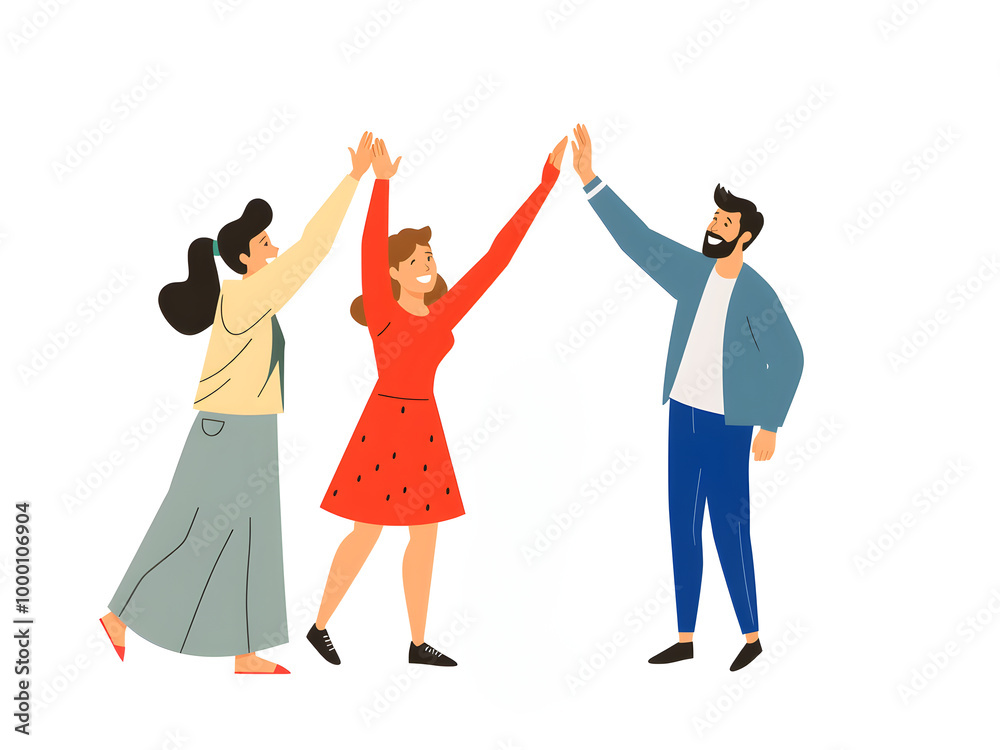 Fototapeta premium Group of young people giving high five. Vector illustration in flat style