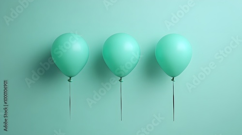 Three mint-green balloons are aligned against a matching background, creating a minimalist and cheerful aesthetic.