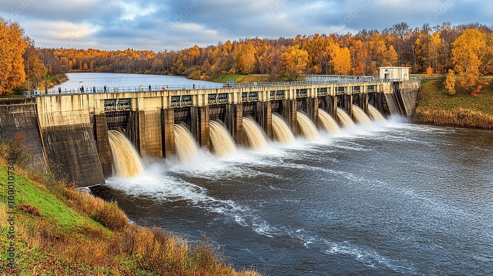 Autumn Scene with a Hydroelectric Dam and Cascading Water Autumn Scene with a Hydroelectric Dam and Cascading Water