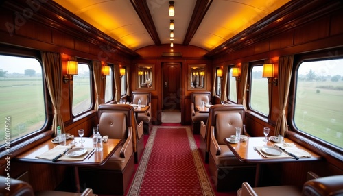  Elegant dining car interior with polished wood and brass accents
