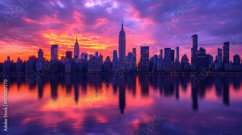 Skylines of New York City at sunset, featuring iconic skyscrapers silhouetted against a vibrant orange and purple sky, reflecting off the Hudson River, capturing the dynamic energy of the city