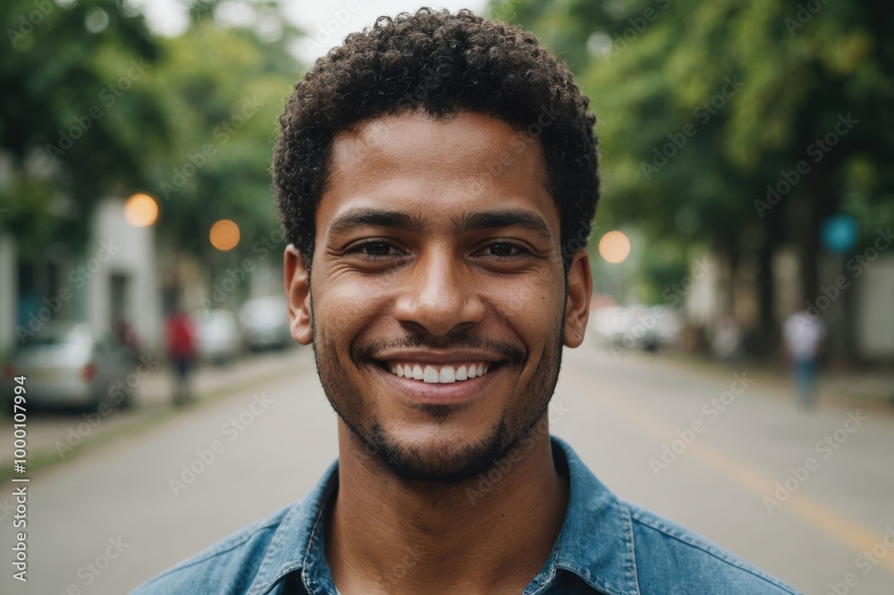 Close portrait of a smiling young Panamanian man looking at the camera, Panamanian outdoors blurred background Close portrait of a smiling young Panamanian man looking at the camera, Panamanian outdoors blurred background