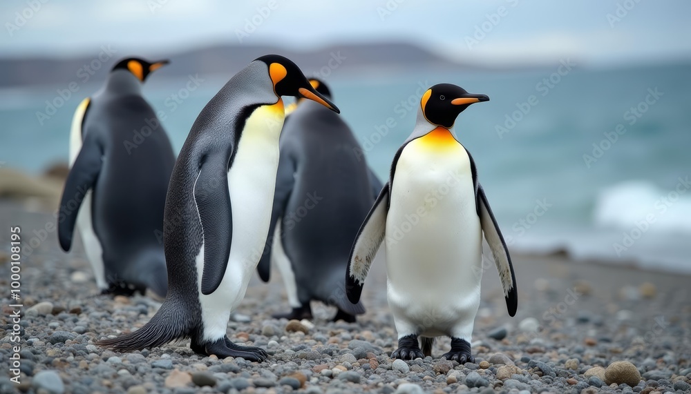 Fototapeta premium Penguin parade on the rocky shore