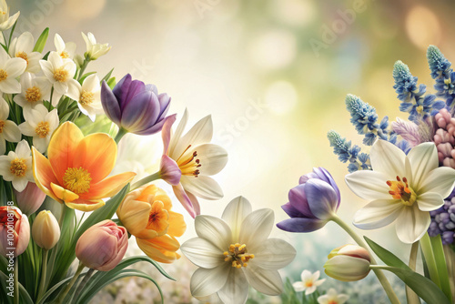 A vibrant display of spring blossoms highlighting tulips, lilies, and daffodils against a soft, dreamy background of sunlight. Generative AI