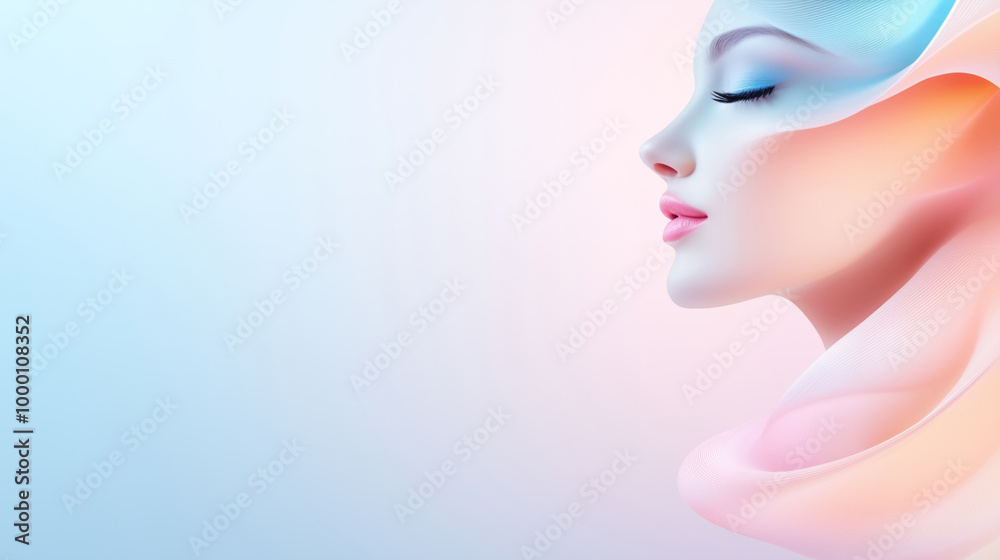 Elegant abstract portrait of a woman with pastel flowing waves, beauty, spa, makeup, cosmetics and serenity concept with empty copy space for text. Elegant abstract portrait of a woman with pastel flowing waves, beauty, spa, makeup, cosmetics and serenity concept with empty copy space for text.