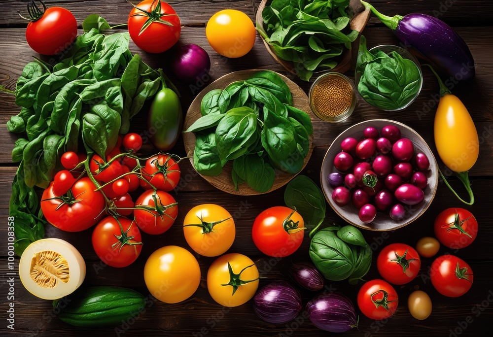 vibrant food flat lay highlighting nutritional labels colorful ingredients wooden table, appetizers, arrangement, art, bowls, brightness, brunch, catering