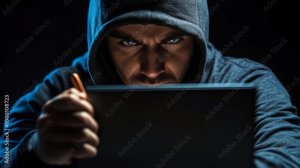 Hacker working on a computer in the dark. Hacker working on a computer in the dark.