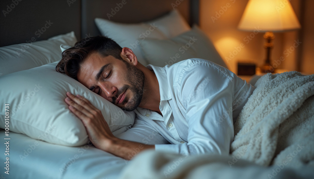 Portrait of peaceful european man sleeping in bed at home, lying with hand under pillow, resting with closed eyes Portrait of peaceful european man sleeping in bed at home, lying with hand under pillow, resting with closed eyes