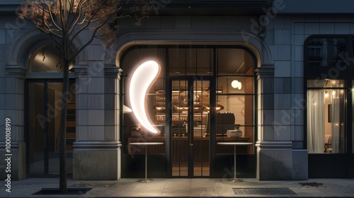 Modern Cafe Storefront with Illuminated Sign
