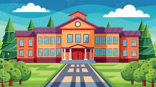 A cartoon vector of back to school illustration of an old European house on a hill, featuring classic architecture and a residential street view