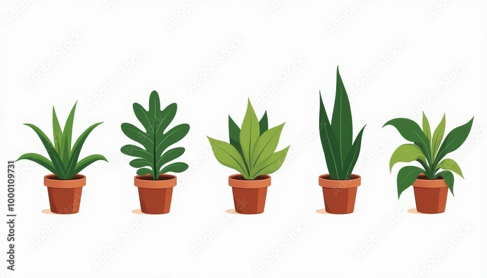 Five vibrant potted plants each unique in shape and size ready to brighten up any space Five vibrant potted plants each unique in shape and size ready to brighten up any space