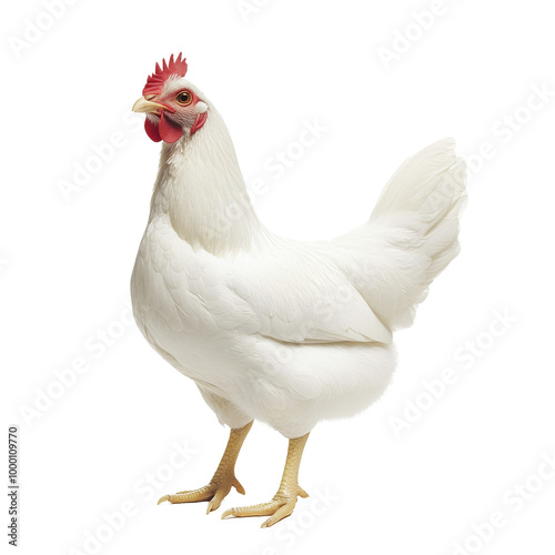 A white chicken poses confidently on display, transparent