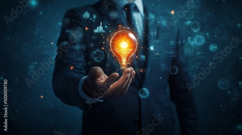 Businessman Holding Light Bulb with Digital Interface.