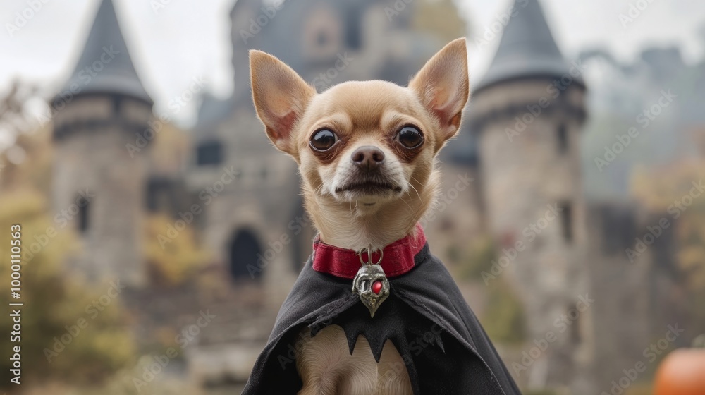 Chihuahua Dressed as a Vampire in Front of a Castle. Chihuahua Dressed as a Vampire in Front of a Castle.