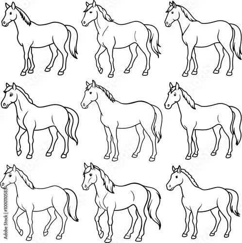set of horse outline line art vector illustration