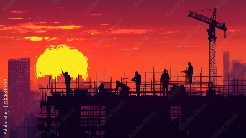 A team of workers building at dawn, silhouetted against the vibrant sunrise and city skyline, showcasing early morning hustle A team of workers building at dawn, silhouetted against the vibrant sunrise and city skyline, showcasing early morning hustle