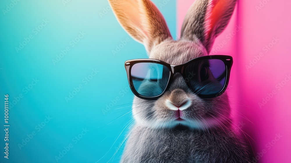 Cool bunny with sunglasses on colorful background. Generative AI