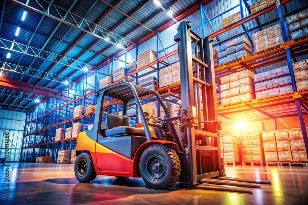 Industrial forklift with company logo parked in warehouse, showcasing heavy equipment in action Industrial forklift with company logo parked in warehouse, showcasing heavy equipment in action