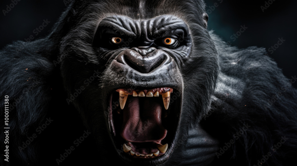 This image features a striking closeup shot of a gorilla, showcasing its impressive features with its mouth open wide, possibly vocalizing or expressing itself This image features a striking closeup shot of a gorilla, showcasing its impressive features with its mouth open wide, possibly vocalizing or expressing itself