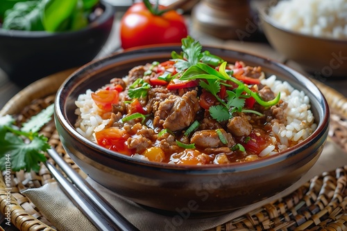 Rice with minced pork and chili sauce in bowl on dark background