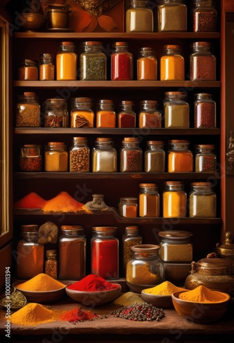 Wallpaper Mural colorful array vibrant spices elegantly organized charming vintage containers cozy kitchen display, antique, aromatic, artisan, bags, botanical, bottles Torontodigital.ca