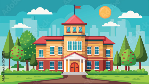 A cartoon vector of back to school illustration of an old European house on a hill, featuring classic architecture and a residential street view