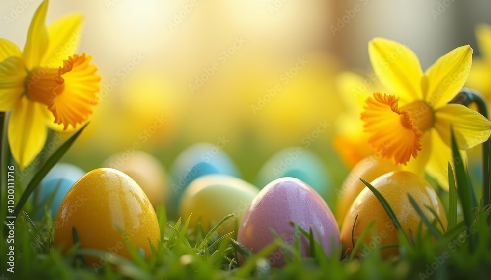 Fototapeta premium Springtime joy with vibrant eggs and blooming daffodils