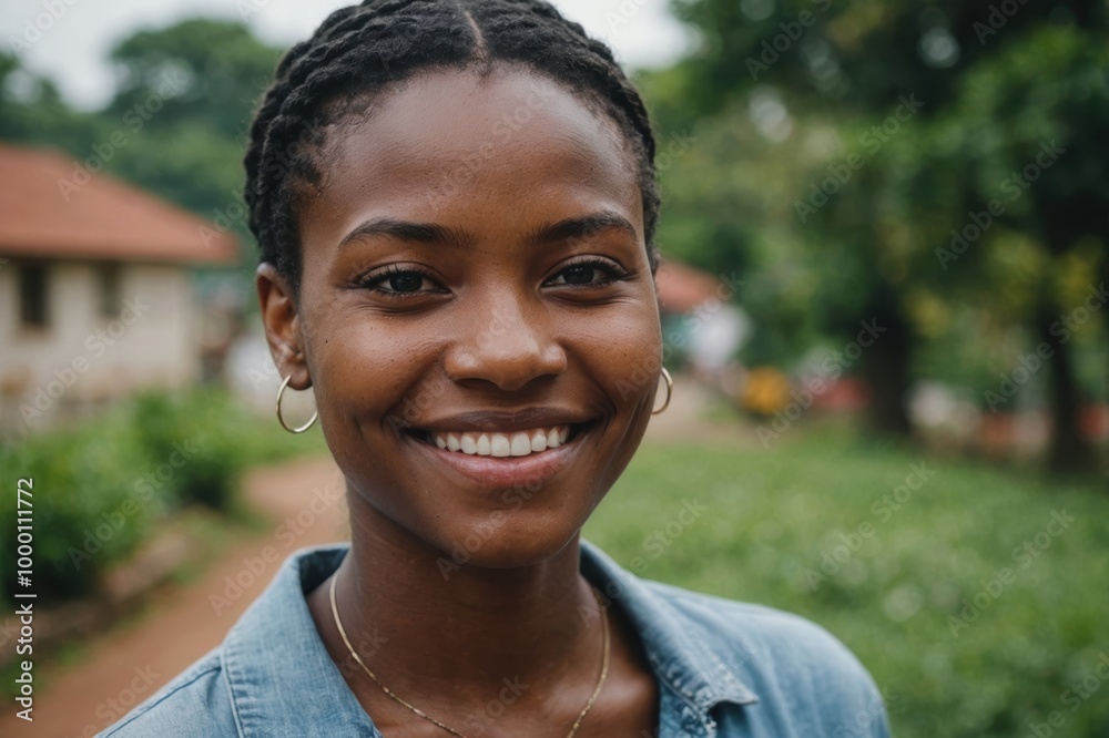 Close portrait of a smiling young Sao Tomean woman looking at the camera, Sao Tomean outdoors blurred background Close portrait of a smiling young Sao Tomean woman looking at the camera, Sao Tomean outdoors blurred background