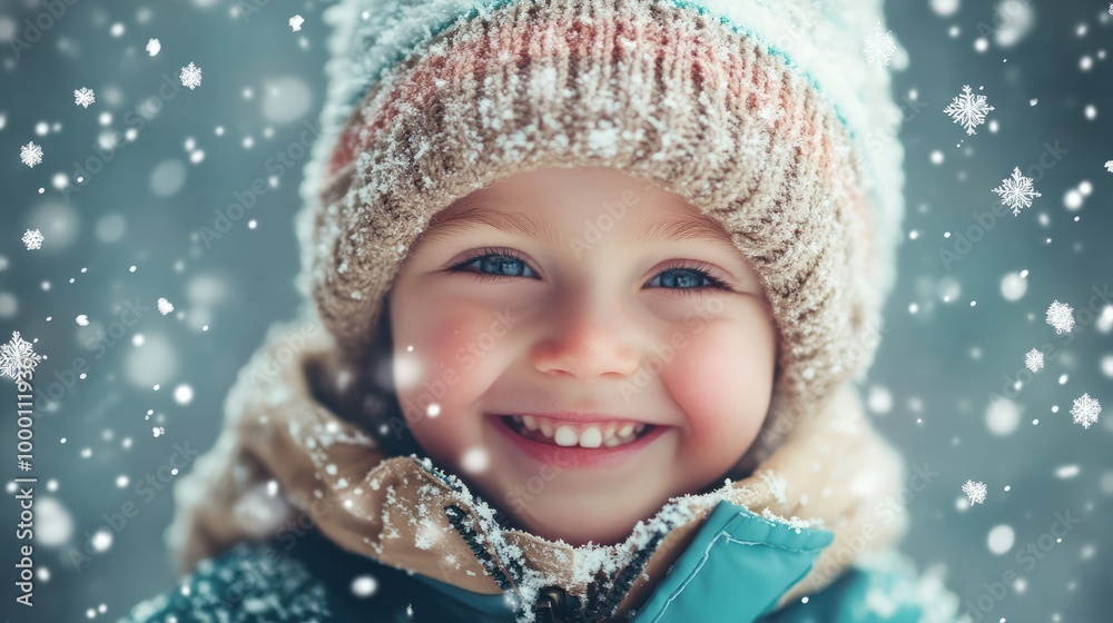 Cute child with happy face wearing a warm hat and warm jacket surrounded with snowflakes. Winter holidays concept. Cute child with happy face wearing a warm hat and warm jacket surrounded with snowflakes. Winter holidays concept.