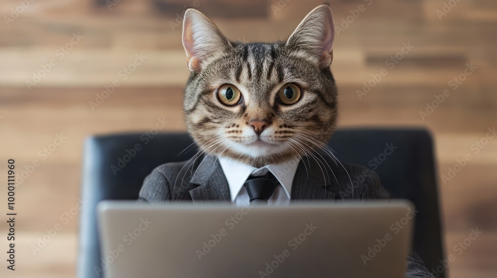 Cute tabby cat in formal suit look like a busy CEO businessman working with laptop computer, cat or introvert people at work concept for humorous advertisements. Cute tabby cat in formal suit look like a busy CEO businessman working with laptop computer, cat or introvert people at work concept for humorous advertisements.