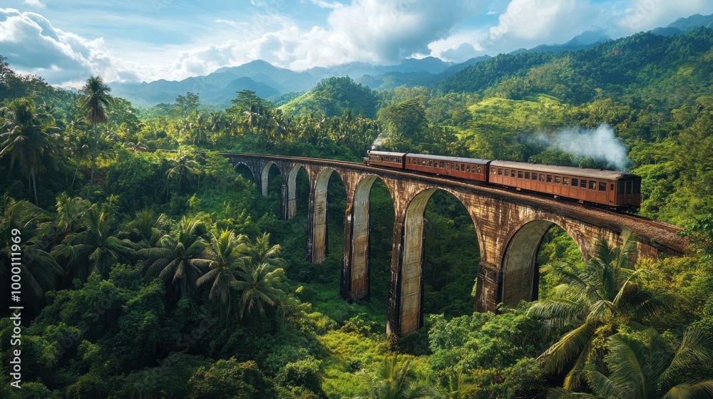 A train crosses an old, weathered bridge surrounded by lush green forests and towering mountains in the distance