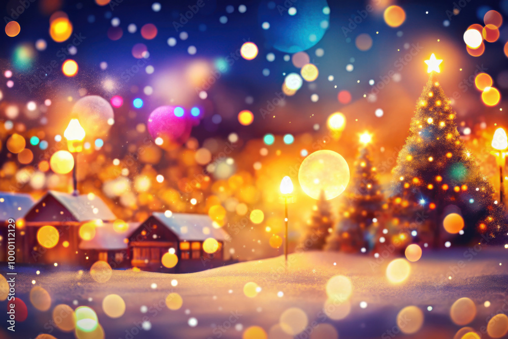 A magical winter night with glowing lights, a decorated tree, and cozy cottages illuminated by warm holiday cheer. Generative AI A magical winter night with glowing lights, a decorated tree, and cozy cottages illuminated by warm holiday cheer. Generative AI