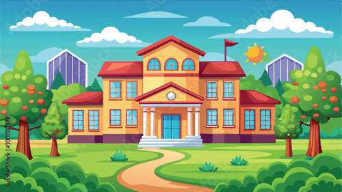 A cartoon vector of back to school illustration of an old European house on a hill, featuring classic architecture and a residential street view