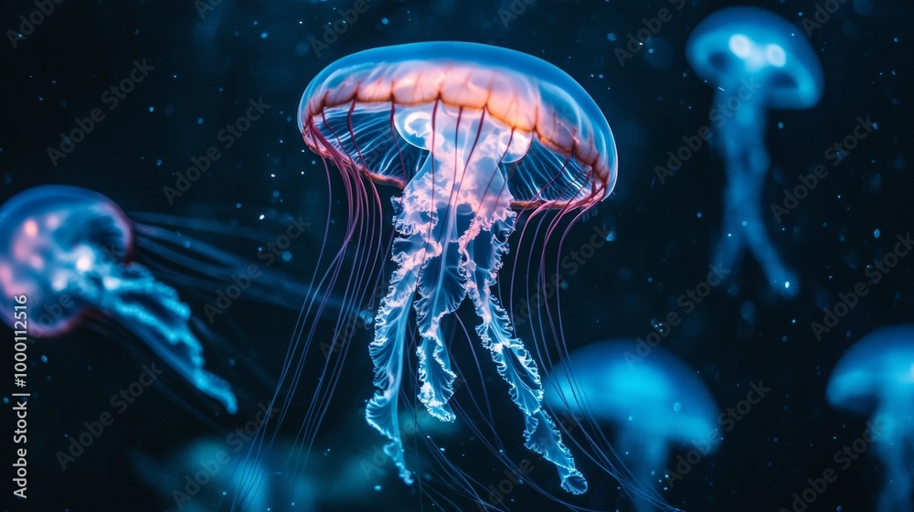 Bioluminescent Jellyfish in Dark Water. Bioluminescent Jellyfish in Dark Water.