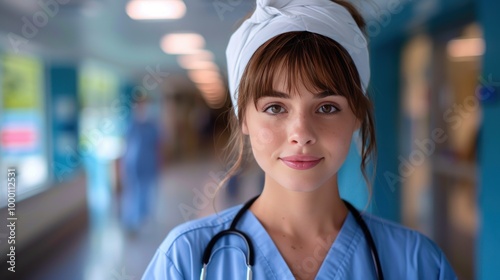 Young nurse in scrubs with stethoscope in hospital corridor