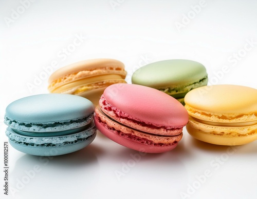  colorful macarons and white background 