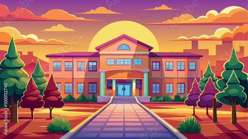 A cartoon vector of back to school illustration of an old European house on a hill, featuring classic architecture and a residential street view