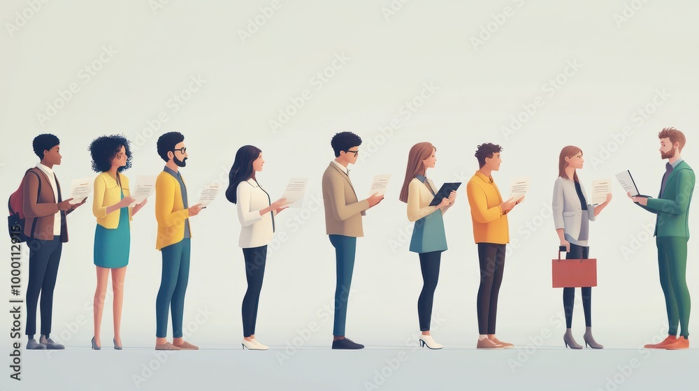Diverse people in smart casual clothes holding paper documents, CV, resumes, laptops, and cell phones waiting in line for job interviews or business appointments in recruitment agencies, modern offic Diverse people in smart casual clothes holding paper documents, CV, resumes, laptops, and cell phones waiting in line for job interviews or business appointments in recruitment agencies, modern offic