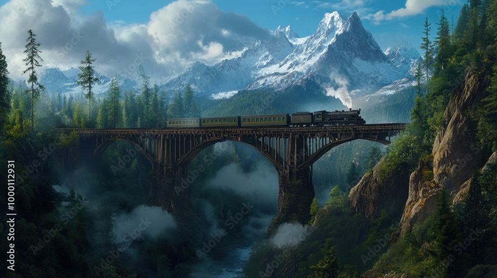 Fototapeta premium A train moves slowly across a rustic bridge, with lush forests and tall mountain peaks framing the landscape