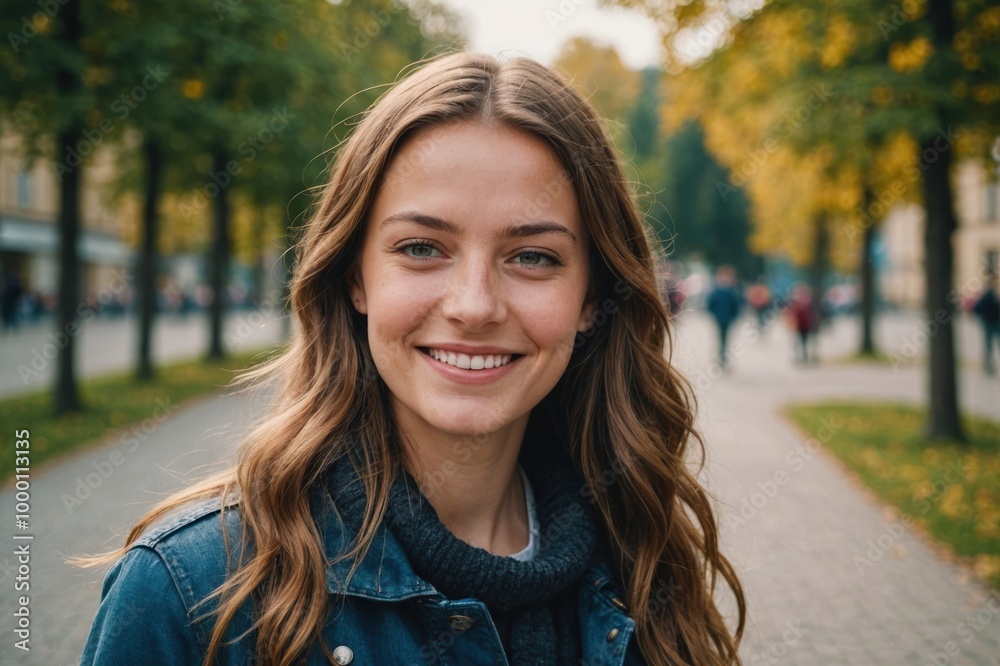Close portrait of a smiling young Slovak woman looking at the camera, Slovak outdoors blurred background Close portrait of a smiling young Slovak woman looking at the camera, Slovak outdoors blurred background
