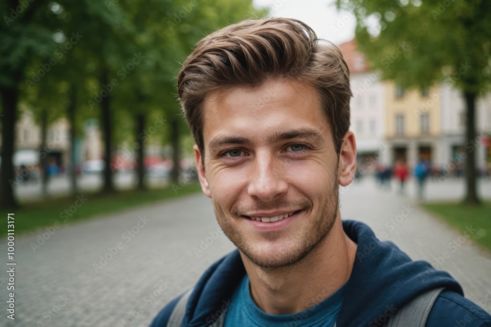 Close portrait of a smiling young Slovenian man looking at the camera, Slovenian outdoors blurred background Close portrait of a smiling young Slovenian man looking at the camera, Slovenian outdoors blurred background