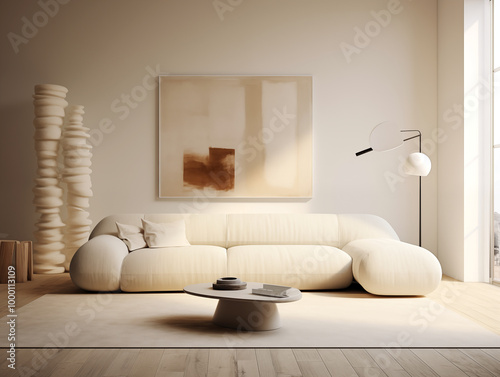 Simple minimalist interior living room with beige walls and abstract assymetric boucle sofa in light color. Abstract statement decor. photo